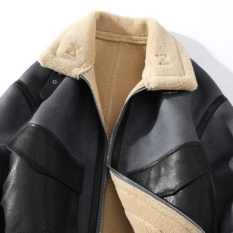 Winter mens clothing faux Leather Casual Thick  heavy Aviator Sheepskin Warm Outdoor Fur Plus Size PU Leather Coat Men Jacket