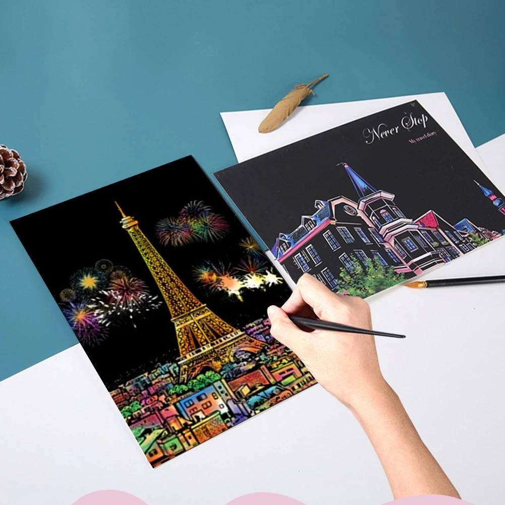 Colorful Magic Scraping Painting DIY Handmade Art Building City Night View Scratch Paper Drawing Board Card