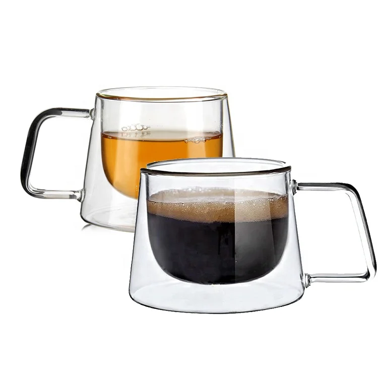 Wholesale BPA Free Double Wall Borosilicate Glass Coffee Tea Cup, Clear Reusable Insulated Glass Drinking Coffee Mug With Handle