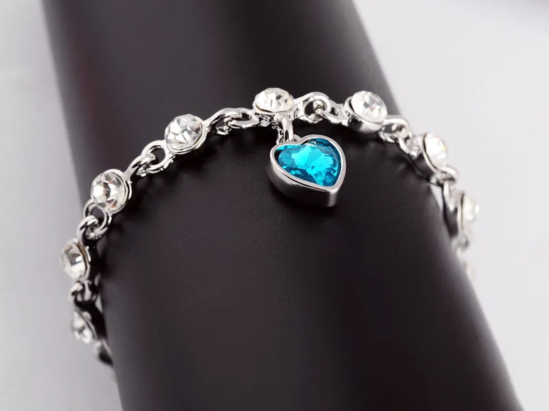 Hot Selling Heart Peach Crystal Bracelet Blue Love Heart Shaped Crystal Charm Link Bangle Bracelets For Women