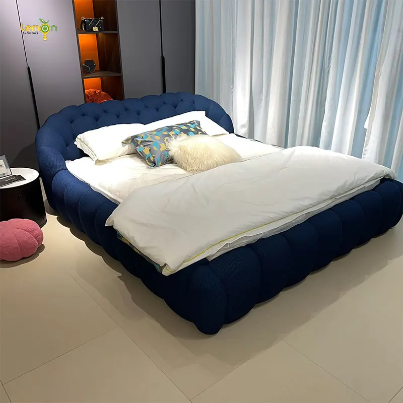 Italian light luxury bubble bed, modern simple bedroom bed, teddy velvet master bedroom double fabric bed