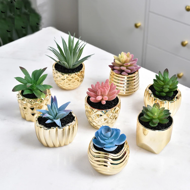 Wholesale artificial succulent plant with gold ceramic pot
