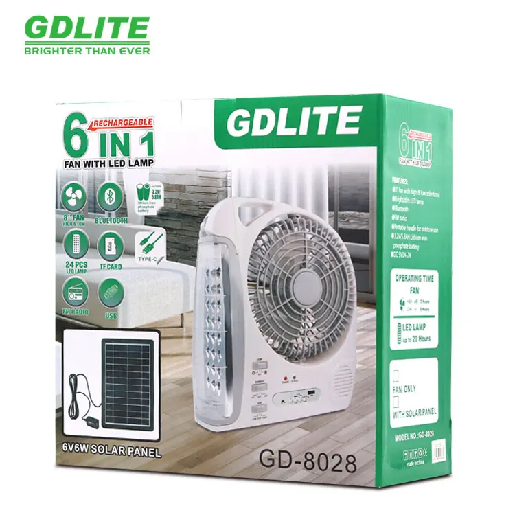 Fan solar GDLITE 8028 rechargeable solar fan with radio music 12 inch fan