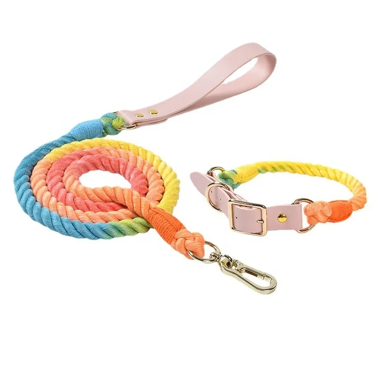 Pet Product Multicolor Cotton Handmade Pet Dog Lead Leash Hand Knitted Dog collar and Leash set