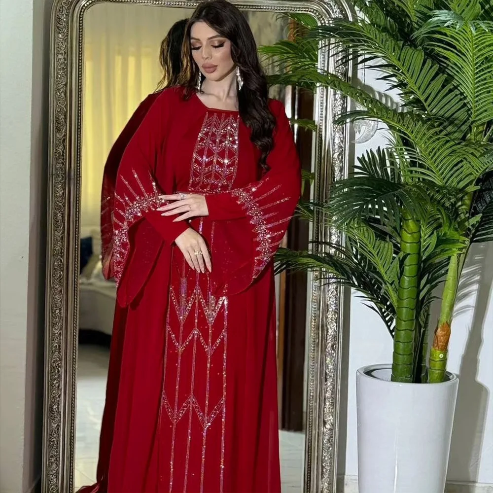 Saudi Arabia Muslim Diamond Luxury Caftan Turkey Abaya Boubou Chiffon Abaya with Belt Morocco Women Afghan Party Wedding Dress