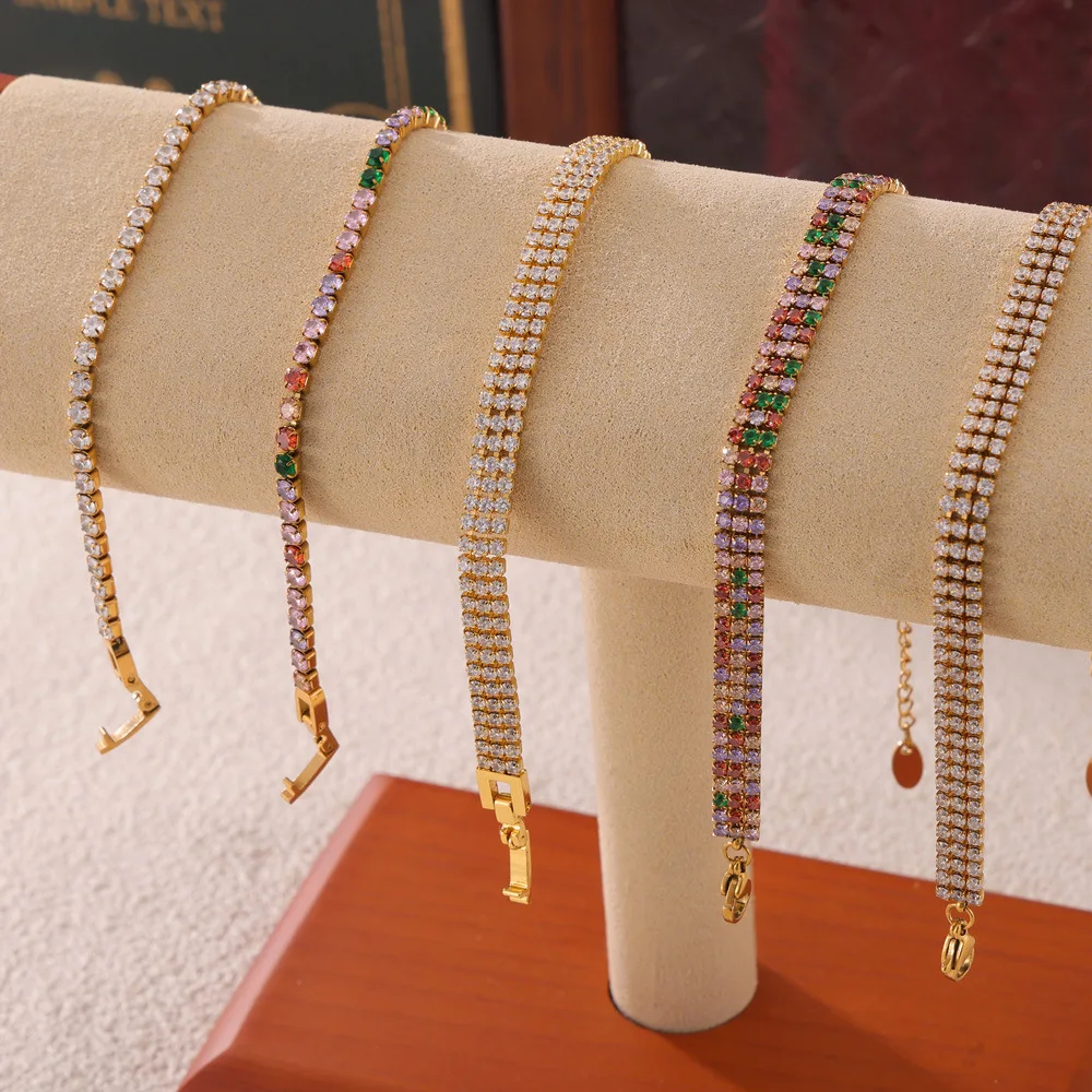Ladylike Diamond Cut Colorful Natural Zirconia Stone Inlaid PVD Real Gold Coating 316L Stainless Steel Tennis Chain Bracelets