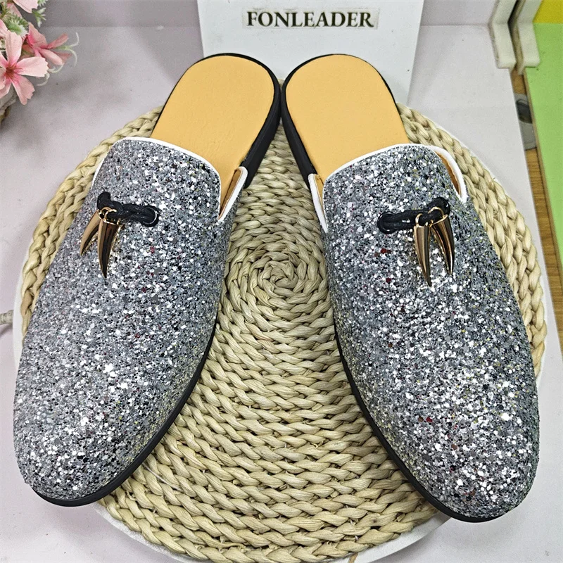 Glitters Shining Material Tassel Loafers Half Shoes Classic Design Mules Slippers for Men