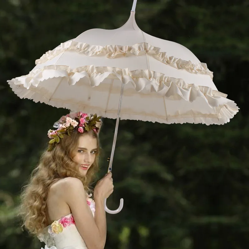 Wholesale straight Princess Lace Windproof Sunny and Rainy wedding Umbrella Anti Sun UV Protection Parasol Umbrella