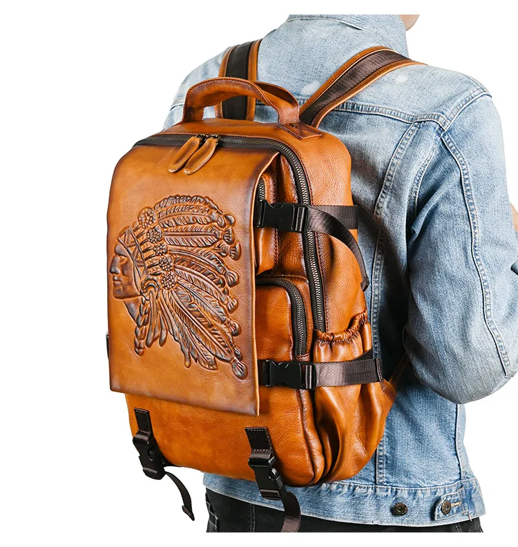 Men Casual Vintage Cow Bull Full Grain Genuine Crazy Horse Leather Travel Backpack Bag