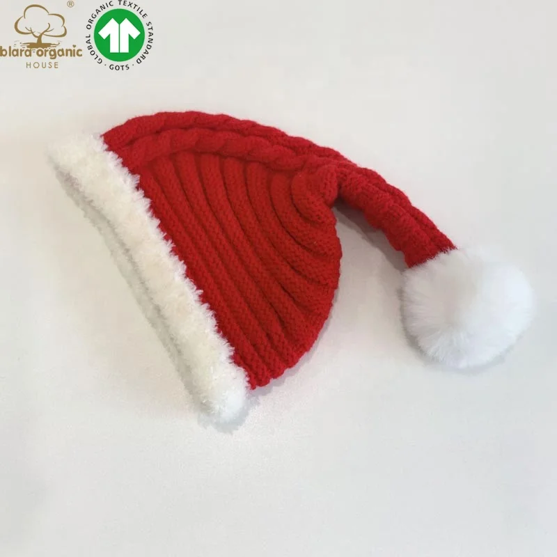 Wholesale Custom Warm Acrylic Knit Plain Blank Red Christmas Beanie Hand Made Baby Infant Winter Beanie with Plushes Ball