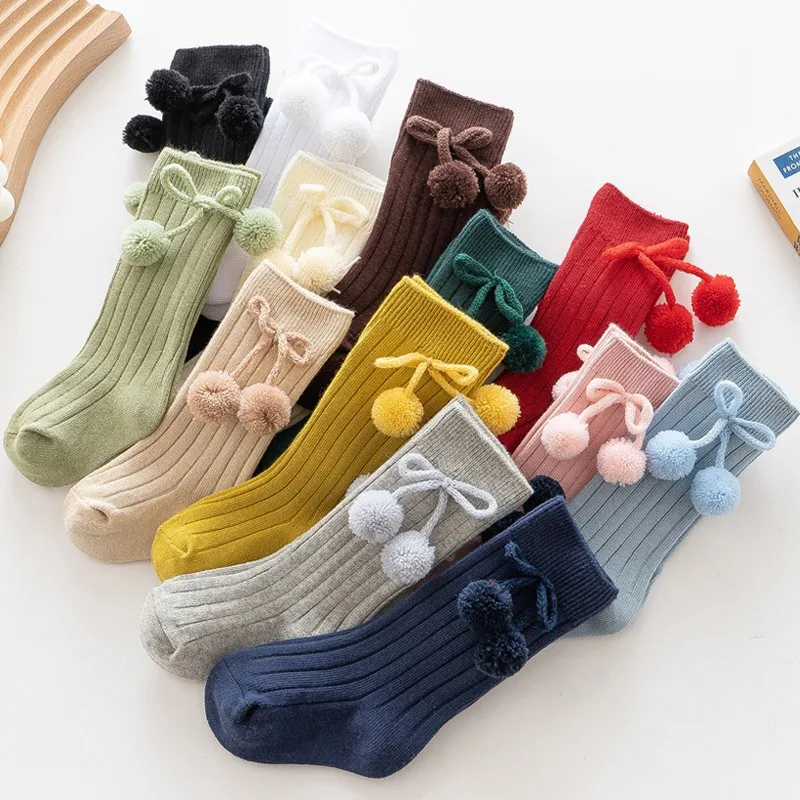 2023 Autumn New Combed Cotton Socks Double Needle Ribbed Socks Fashion Fur Balls Baby Socks