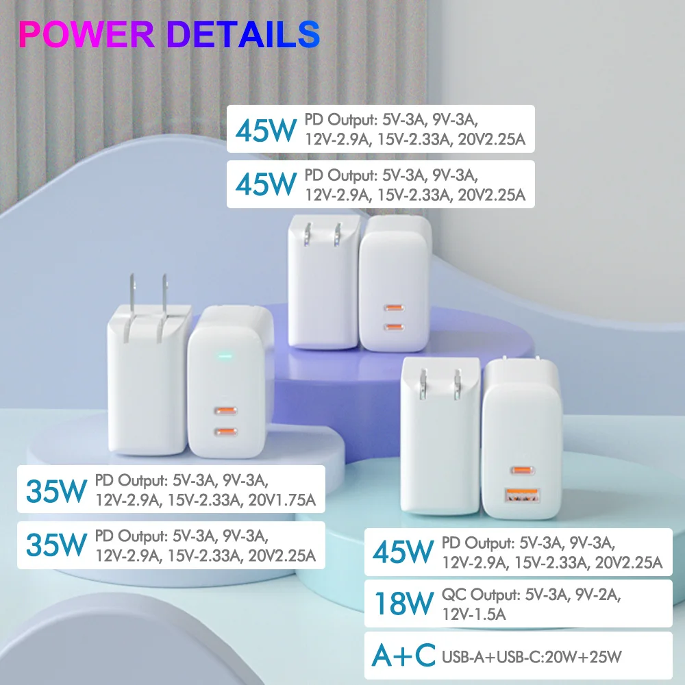 Portable GaN Usb Type c Qc3.0 Mobile Phone Laptop Mini 40w 45w Pd Dual 45 w Eu Us Pd45w 35w Wall Charger For Samsung Macbook