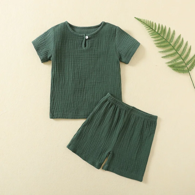 Factory Wholesale Baby Summer Pure Color Suit Baby Double-Decker Gauze Sets Baby Short Sleeve Thin Button Sets