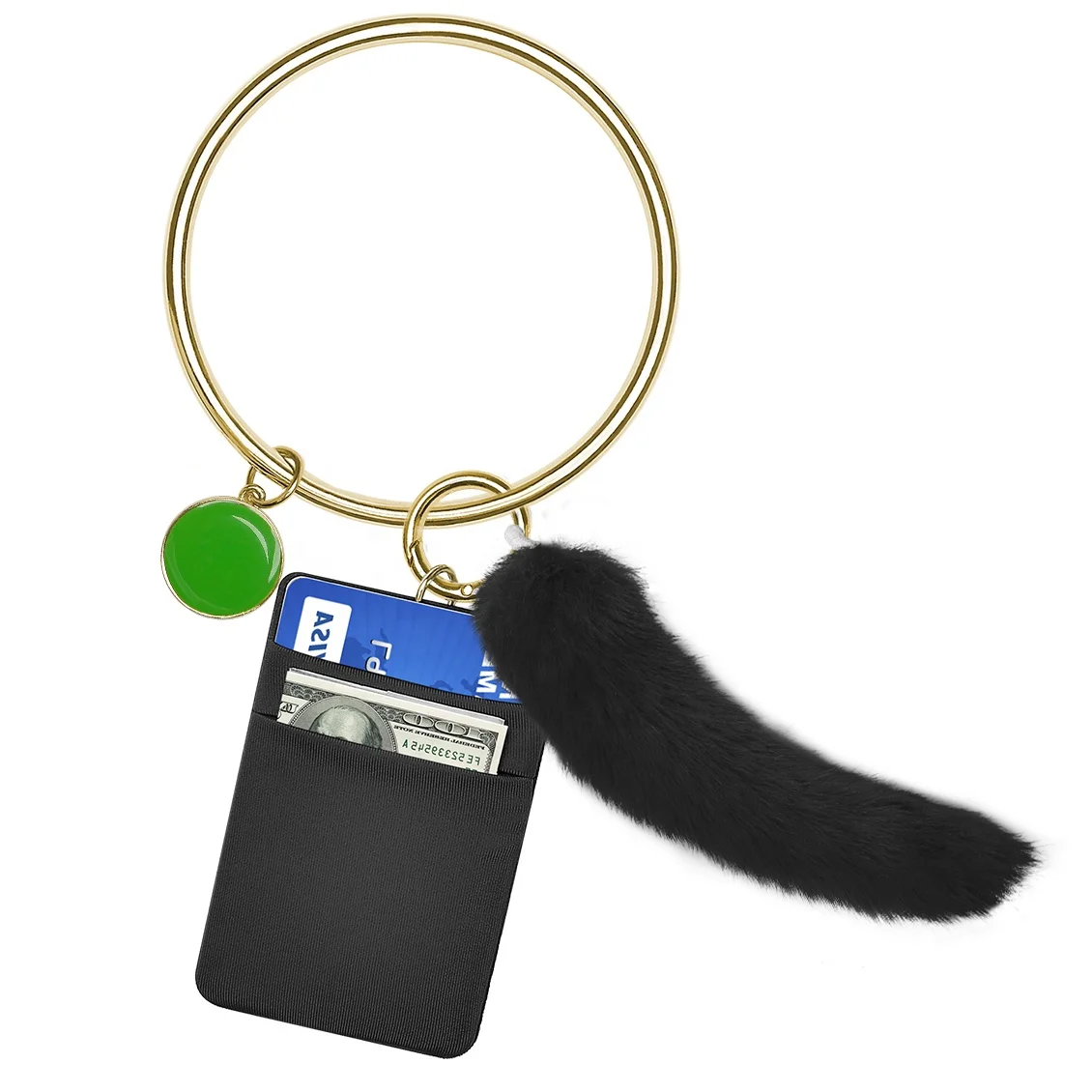Premium metal Wristlet Bracelet Circle Bangle With Faux Fur Tail Pendant Key Ring Credit Card Cash Holder Pouch for lady