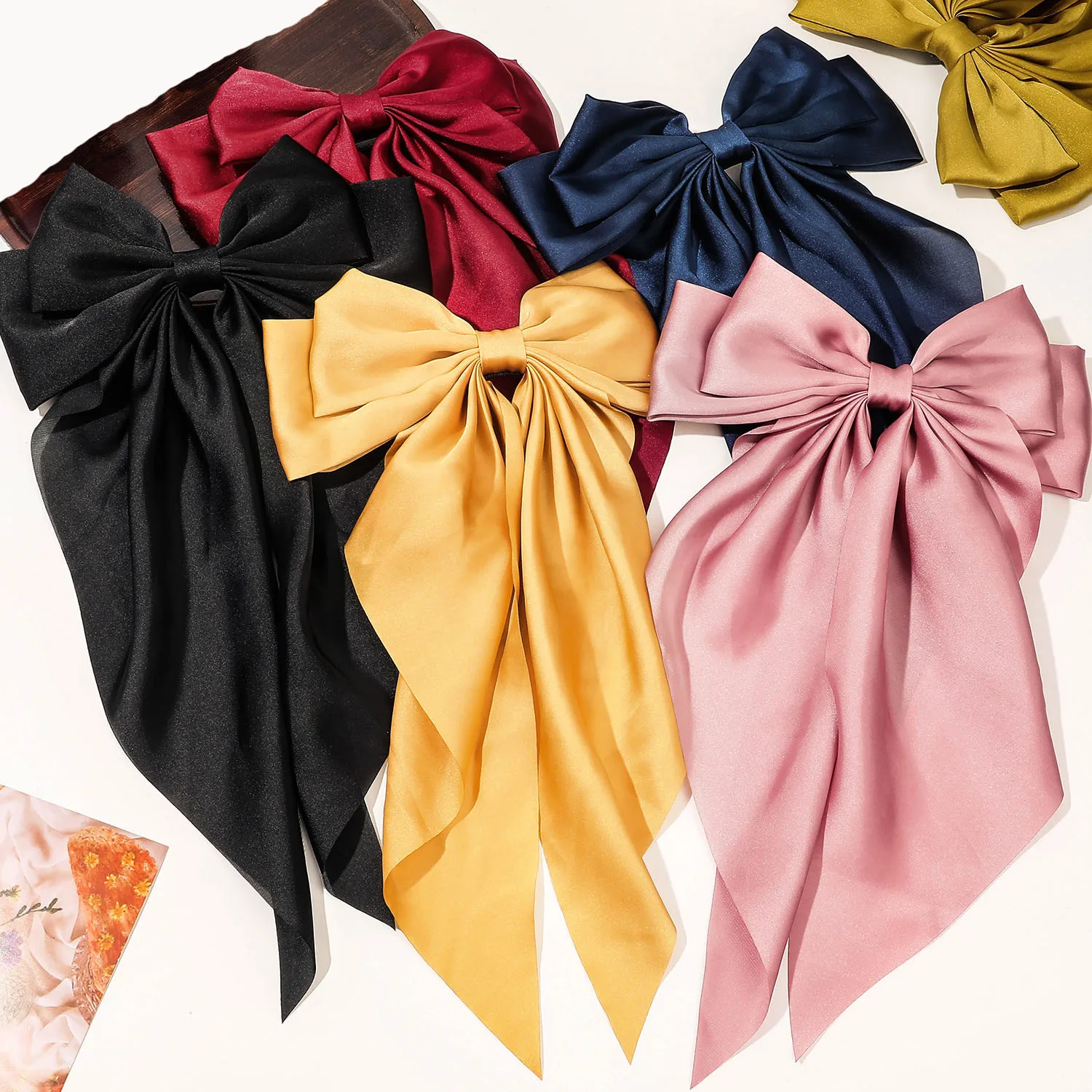 Korean high quality solid color bow hair clip Vintage satin long ribbon hair clip Cute princess hair accessories