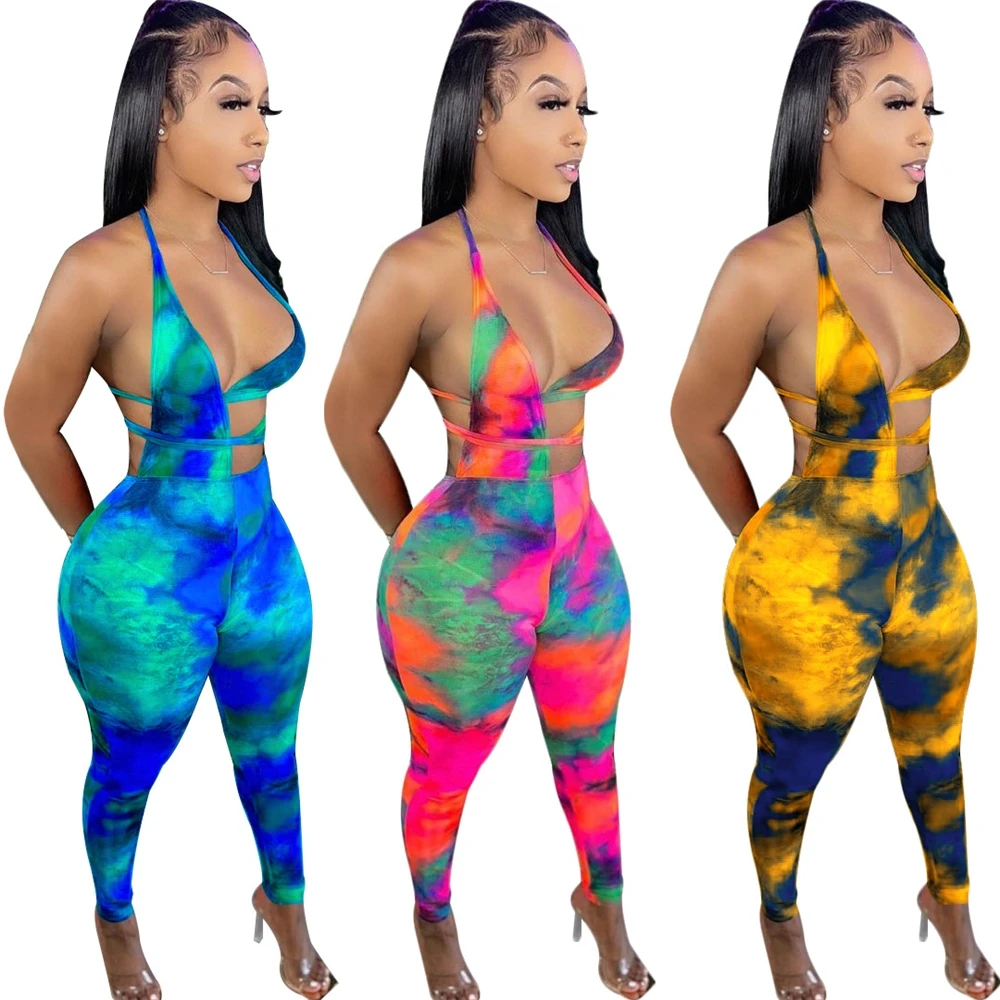 MD-2022051602    sexy bandage fashion sleeveless halter backless tie dye printed womans 2 piece set