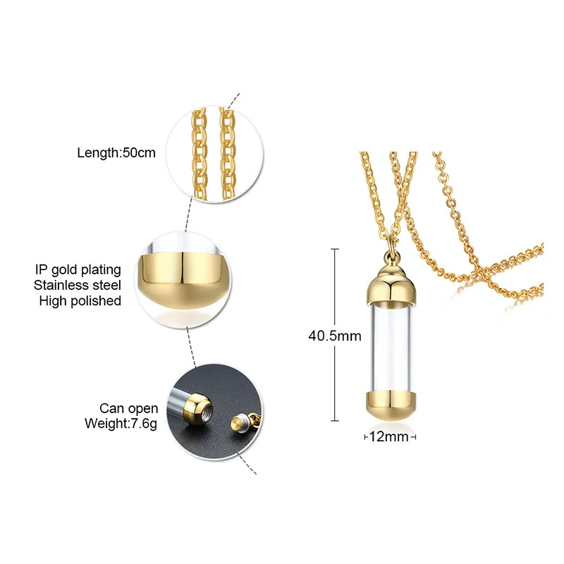 Can Open Container Diy Necklace Jewelry Black Silver Gold Plated Stainless Steel Necklace Glass Bottles Necklace For Pet Ashes