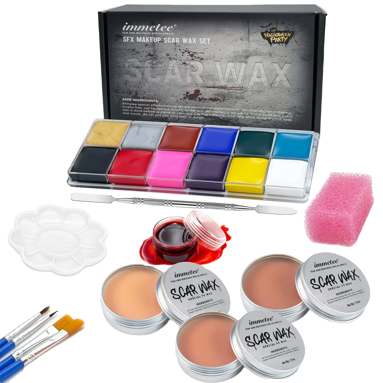 Halloween Makeup Kit 12Colors Face Body Paint Makeup Sets Scar Wax+ Blood+Painting Brushes+Spatula+ Sponge Theatrical Makeup