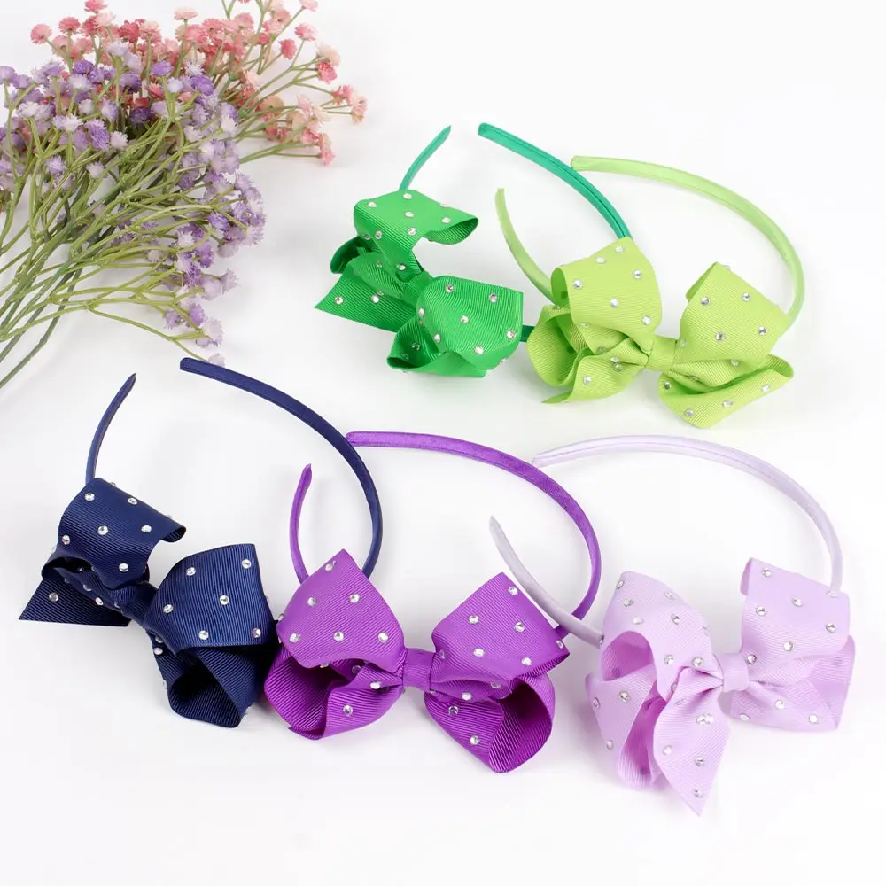 Boutique Solid Color Ribbon Bow knot Headband With Hoop Rhinestone Designer Hair Accessories for Girls Kids Hair Band