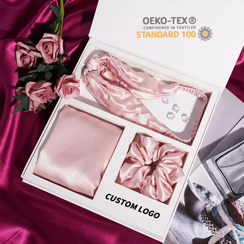 Custom LOGO Luxury Mulberry Pillowcase Silk Eye Mask Pillow case Silk Hair Scrunchies Gift Set Silk Pillow Case Mulberry