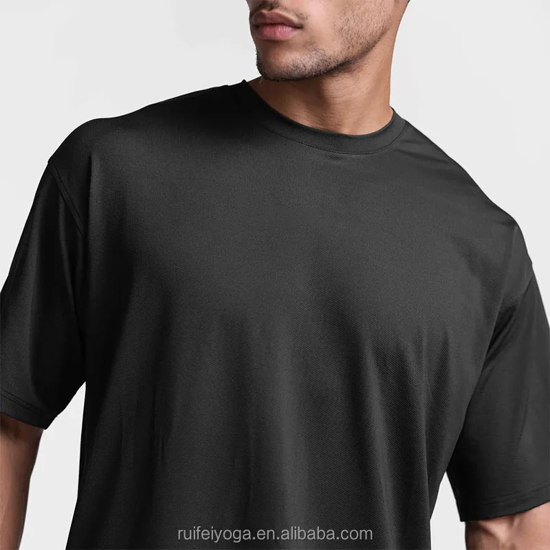 High Performance 85% Polyester 15% Spandex Mesh Fabric Drop Shoulder Gym Fitness Oversized Fitting Black Tshirt Plain For Men