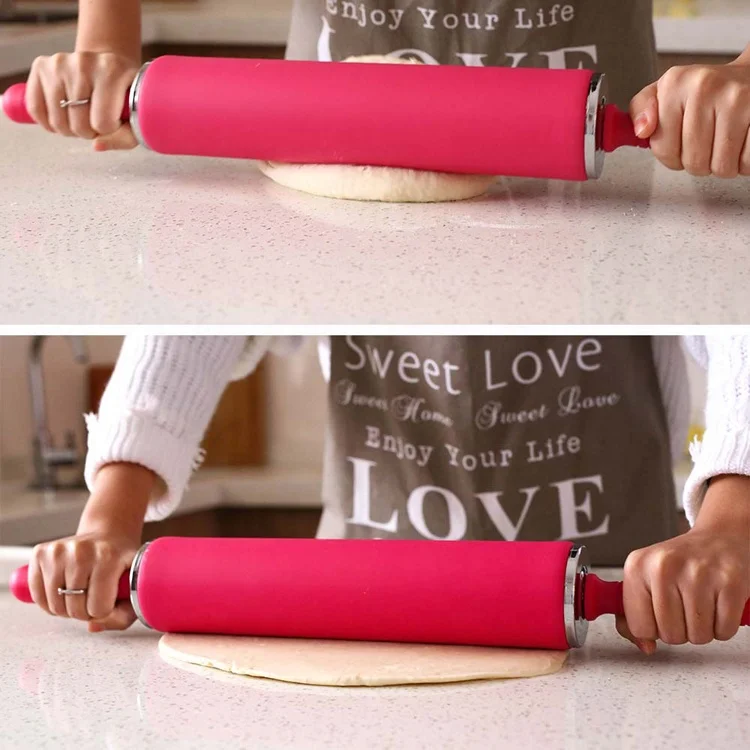 Household Kitchen Durable Silicone Rubber Dough Rolling Pin With Handle