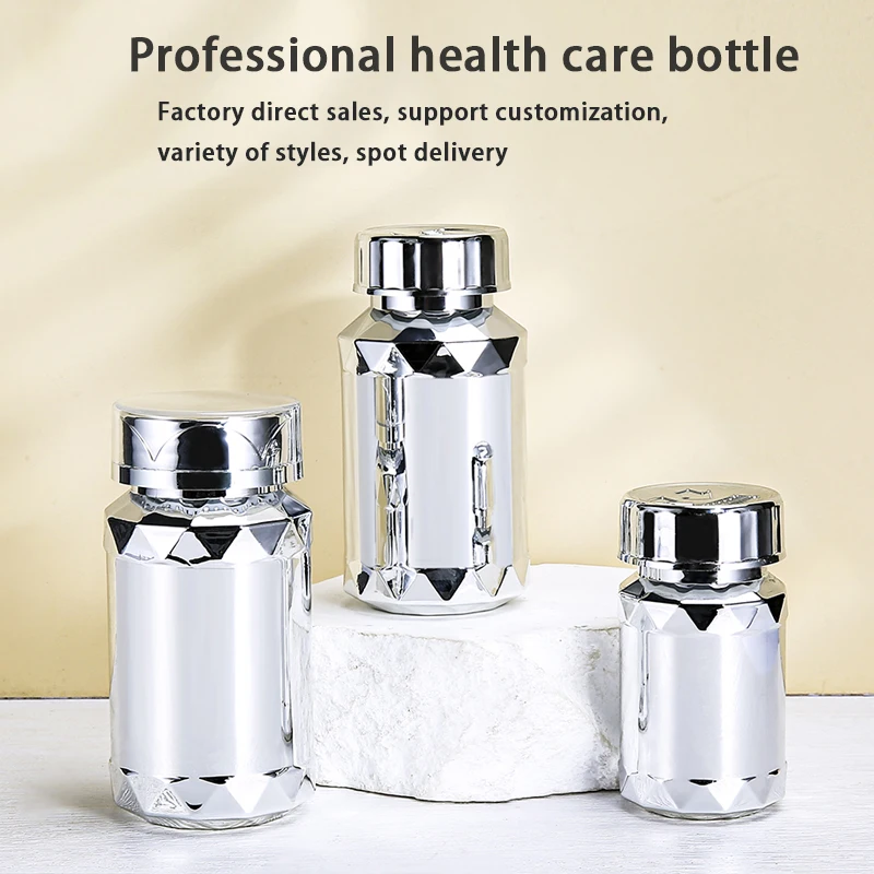 Electroplating process silver high-end plastic bottle for pills medicine vitamin packaging manufacturing empty with silver cap