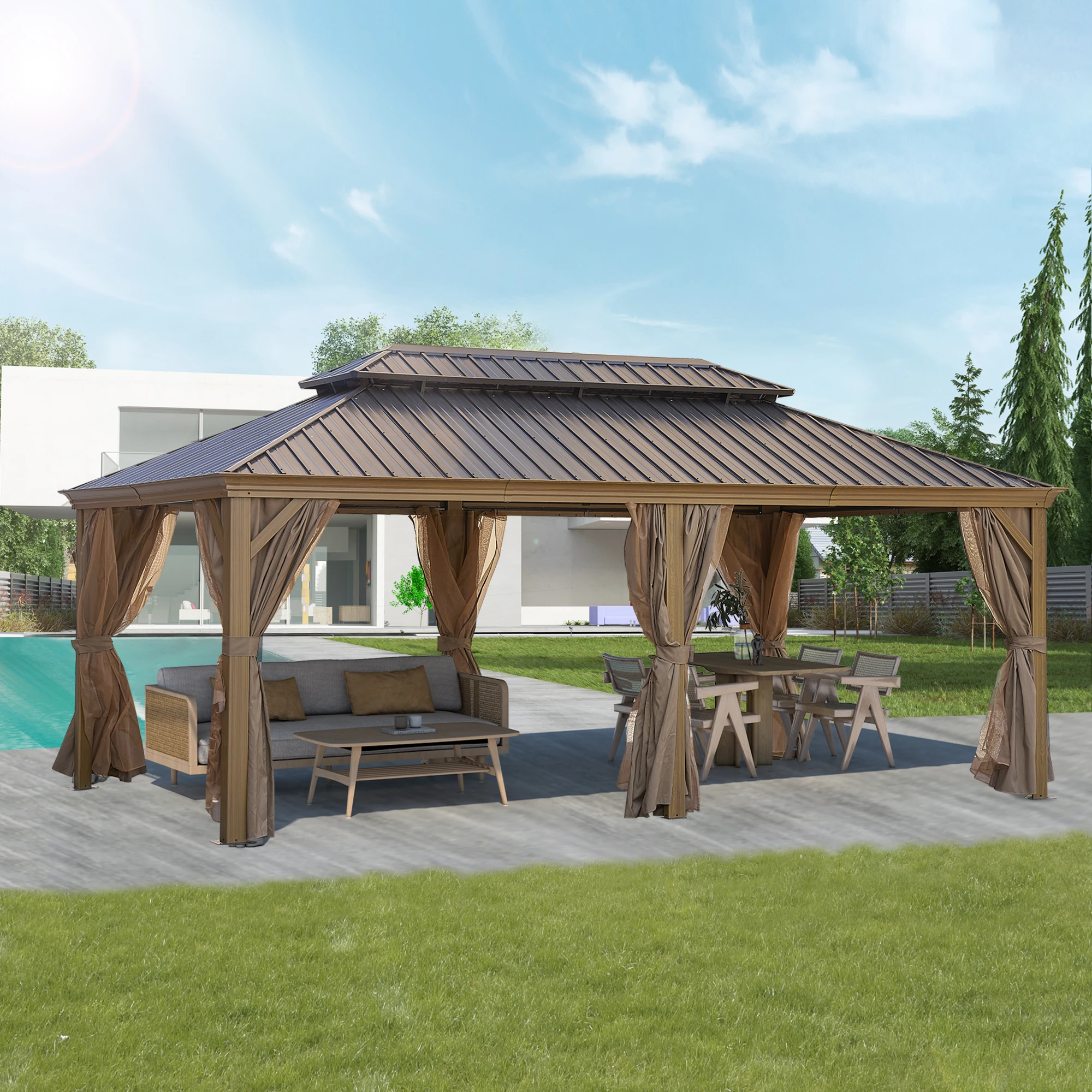 USA Overseas Warehouse Stock, Factory Direct12*20 ft. Aluminum Frame with Wood Grain, Outdoor Hardtop Metal Patio Gazebo