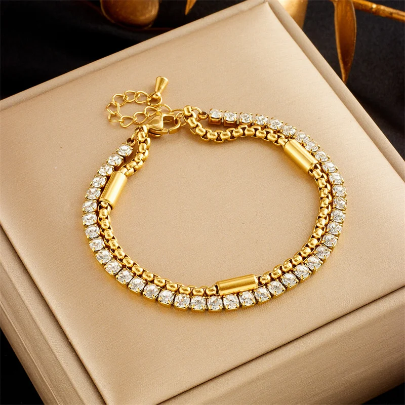 Fashion Punk Creative Hip-Hop Personality Niche Versatile Diamond-Studded Multi-Layer Stainless Steel Chain Jewelry Bracelet