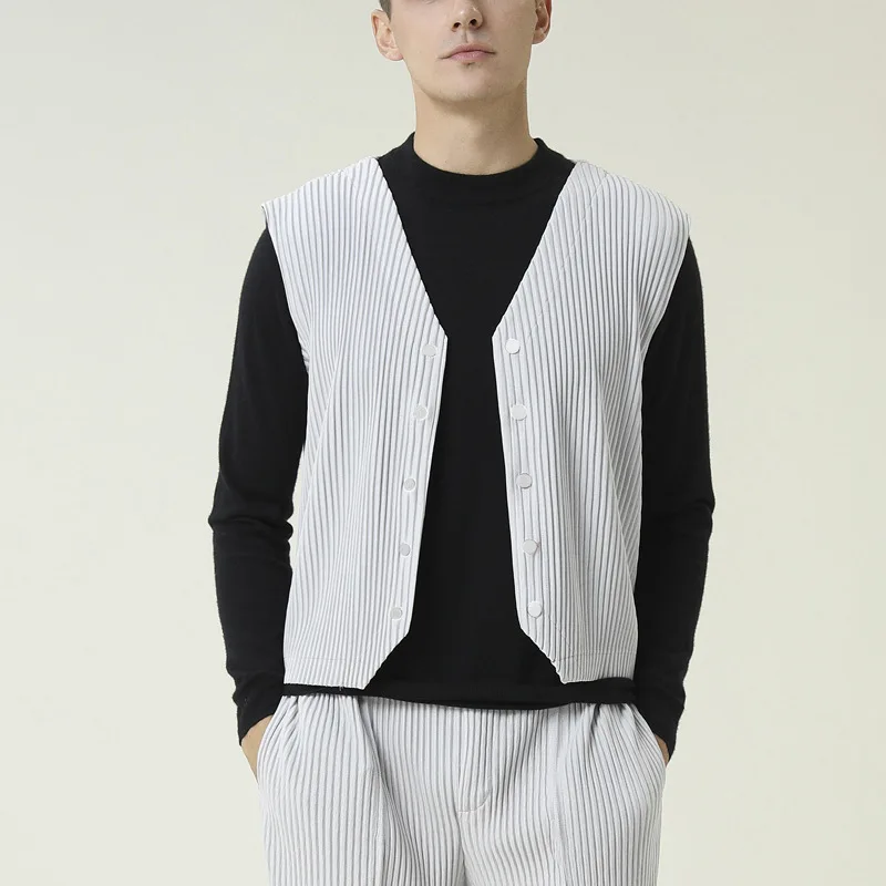 FXZ hot sale high quality single breasted 100% polyester pleated men waistcoat fashion pleated man vest
