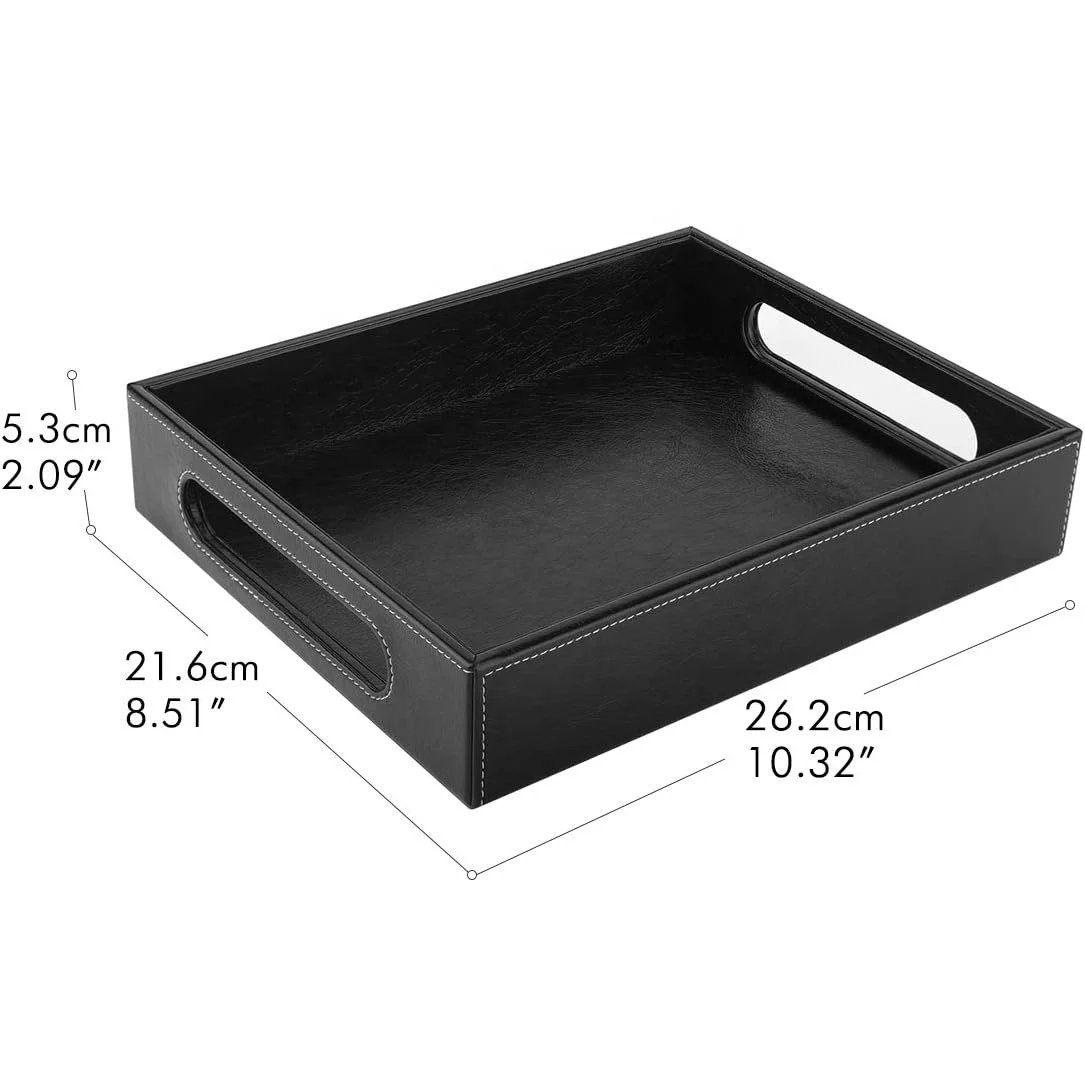 Custom Leather Valet Tray Black Leather Storage Tray Office Tabletop Organizer Handles Design Jewelry Catchall PU Leather Tray