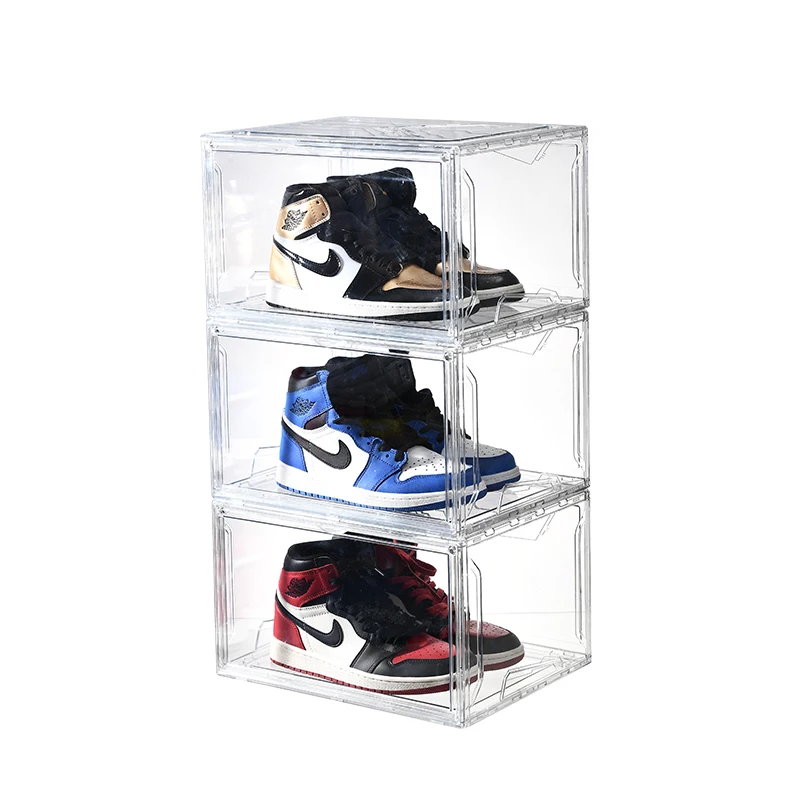 Side open plastic clear sneaker box shoe organizer box stackable magnetic plastic clear shoe storage box Wholesale organizer