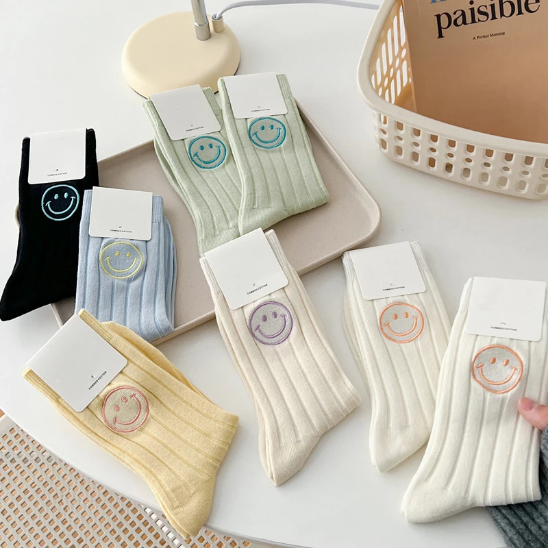 Korea Fashion Solid Color Embroidery Smile Face Adults Sports Cozy Cotton Women Socks