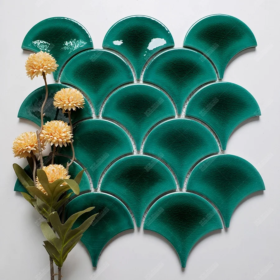 Wholesale Waterproof Fan Shaped Green Ceramic Fish Scales Tiles Mosaic For Kitchen Shower Bathroom Hotel Pool Spa OEM Project