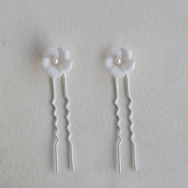 SLBRIDAL Handmade Porcelain Flower Freshwater Pearls Alloy Bridal Hair Pin Wedding Hair Sticker Women Jewelry Hair Accessories