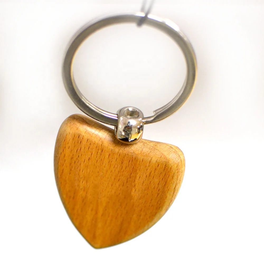 Customizable Engravable Natural Wooden Keychain PVC Plastic Wood Keyring Blank with Stainless Steel Heart Souvenir