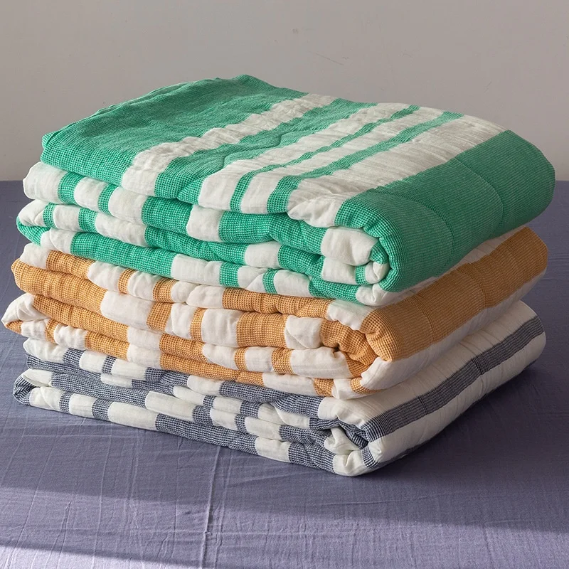 Quilted Cotton Muslin Blanket Yarn Dyed Striped Pattern-A Cotton Throw Blanket Soft Lightweighted Blanket Bed Sheet Pillowcases
