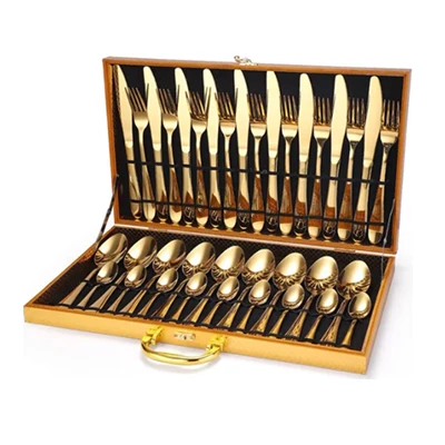 Stainless Steel Knife And Fork Spoon Golden Wooden Box Set Hotel Western 36pcs Flatware Set