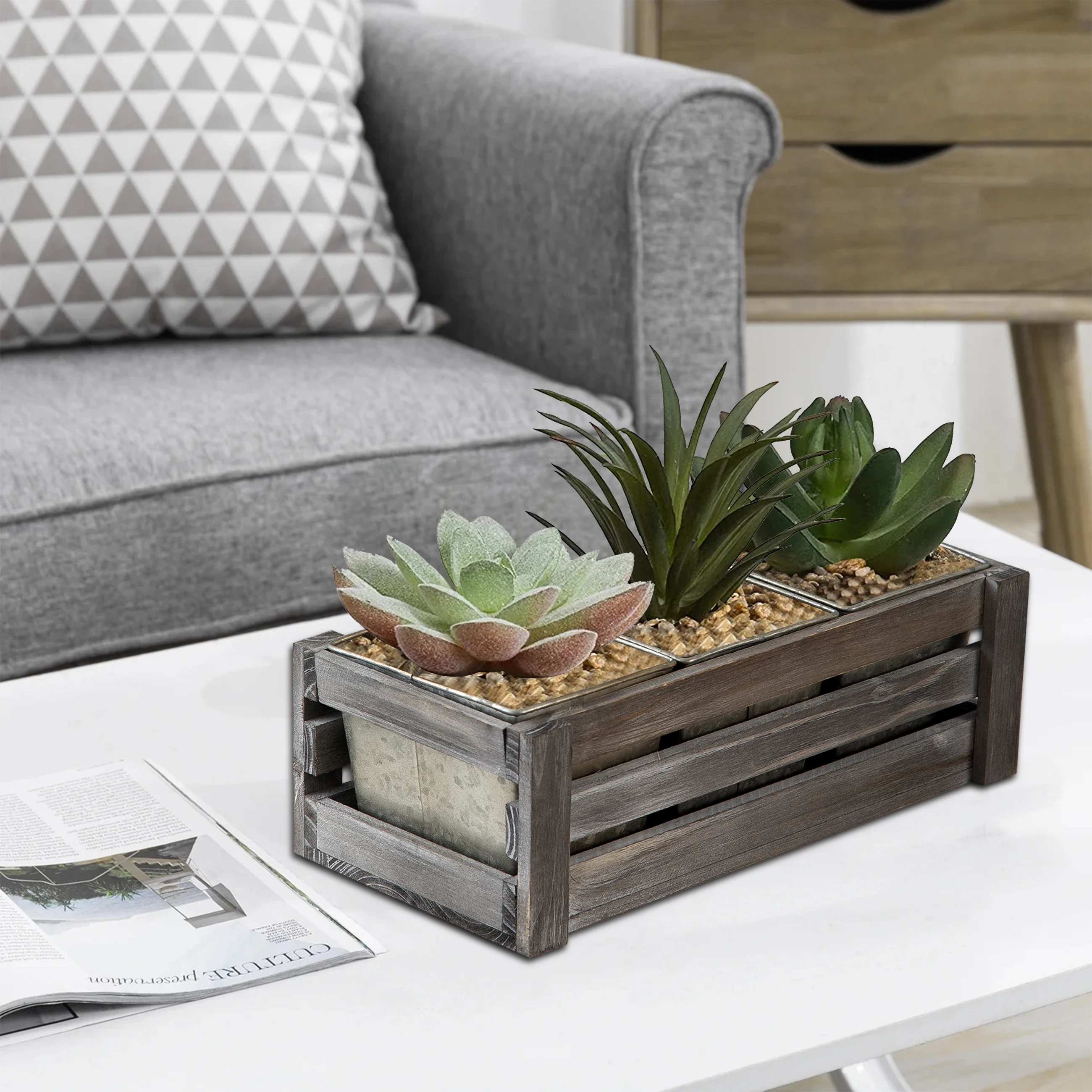 Decorative Handmade Garden Flower Pots Rustic Galvanized Sheet & Wood Garden Planter With Wood Polish Finishing Square Shape