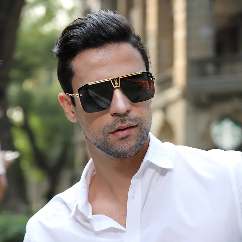 Gradient One Piece Frameless Square Sunglasses Trendy Vintage Oversized Rimless Mens Shades