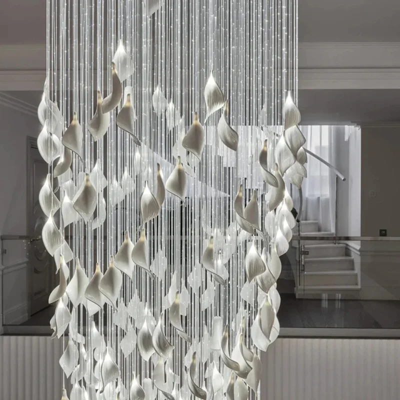 Modern Chandeliers Spiral Design Ceramic Leaf in White High Ceiling Pendant Light for Living Room Hotel Stairs Foyer Entryway