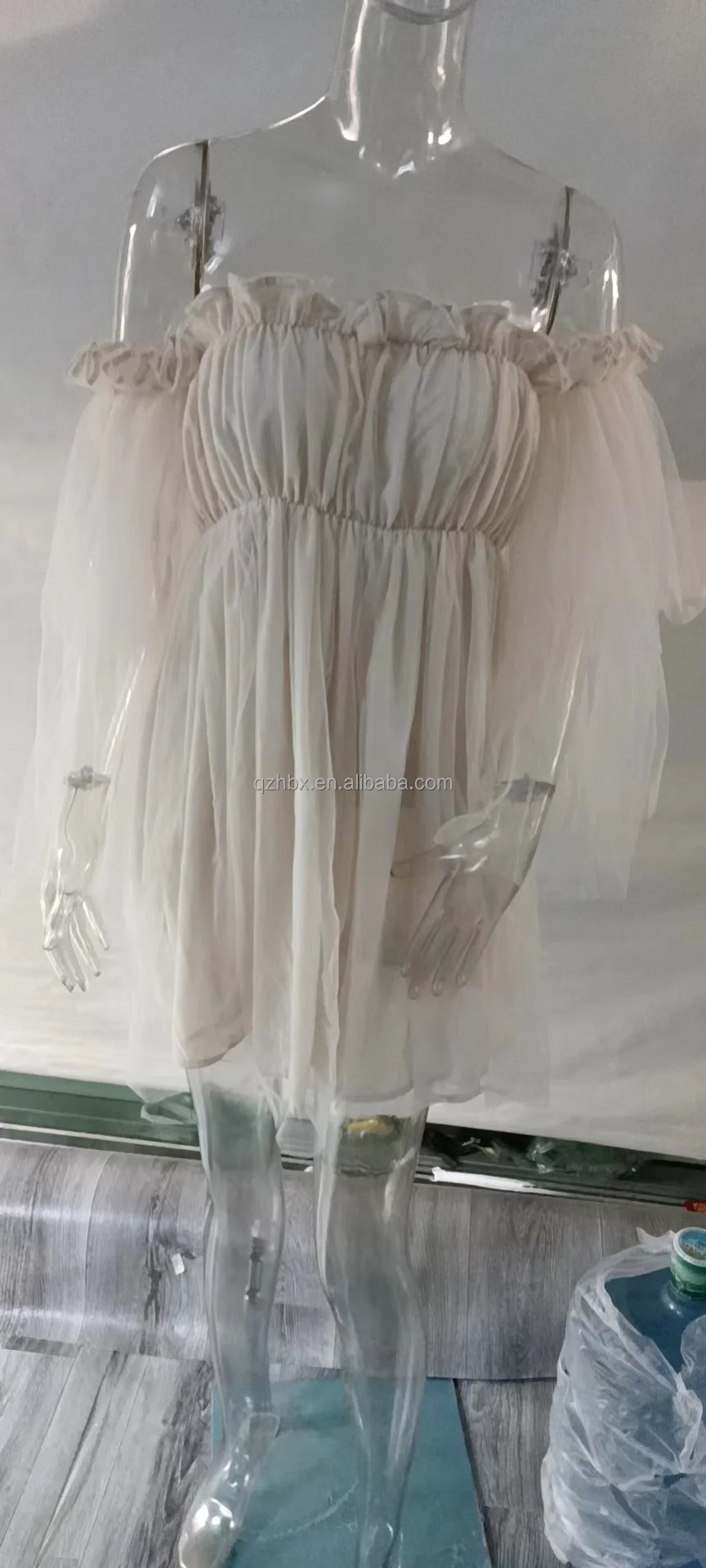 S-5XL Hot Trend Casual Cute Elastic Ruched Bandeau Off the Shoulder Sheer Mesh Layer Flutter Sleeve Tulle Overlay Mini Dress