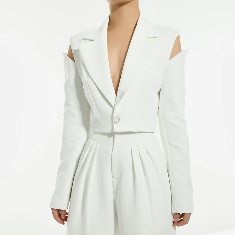 Женские топы 2021, необычные уникальные пикантные белые блейзеры с открытыми плечами и V-образным вырезом, повседневные женские топы с длинным рукавом, 2021