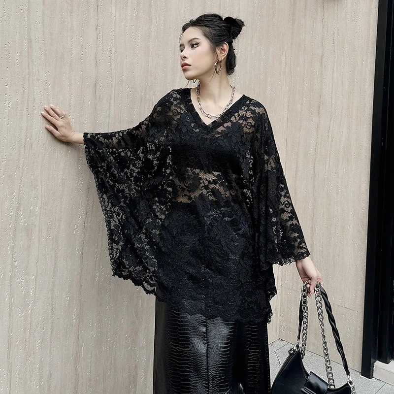 Bettergirl 2024 light luxury style see through lace bat sleeves paired with new loose and slimming style versatile top