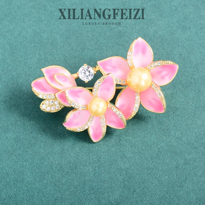 XILIANGFEIZI Enamel Pink Cherry Blossom Brooch Pearl High-grade Exquisite Cheongsam Accessories Fashion Pin