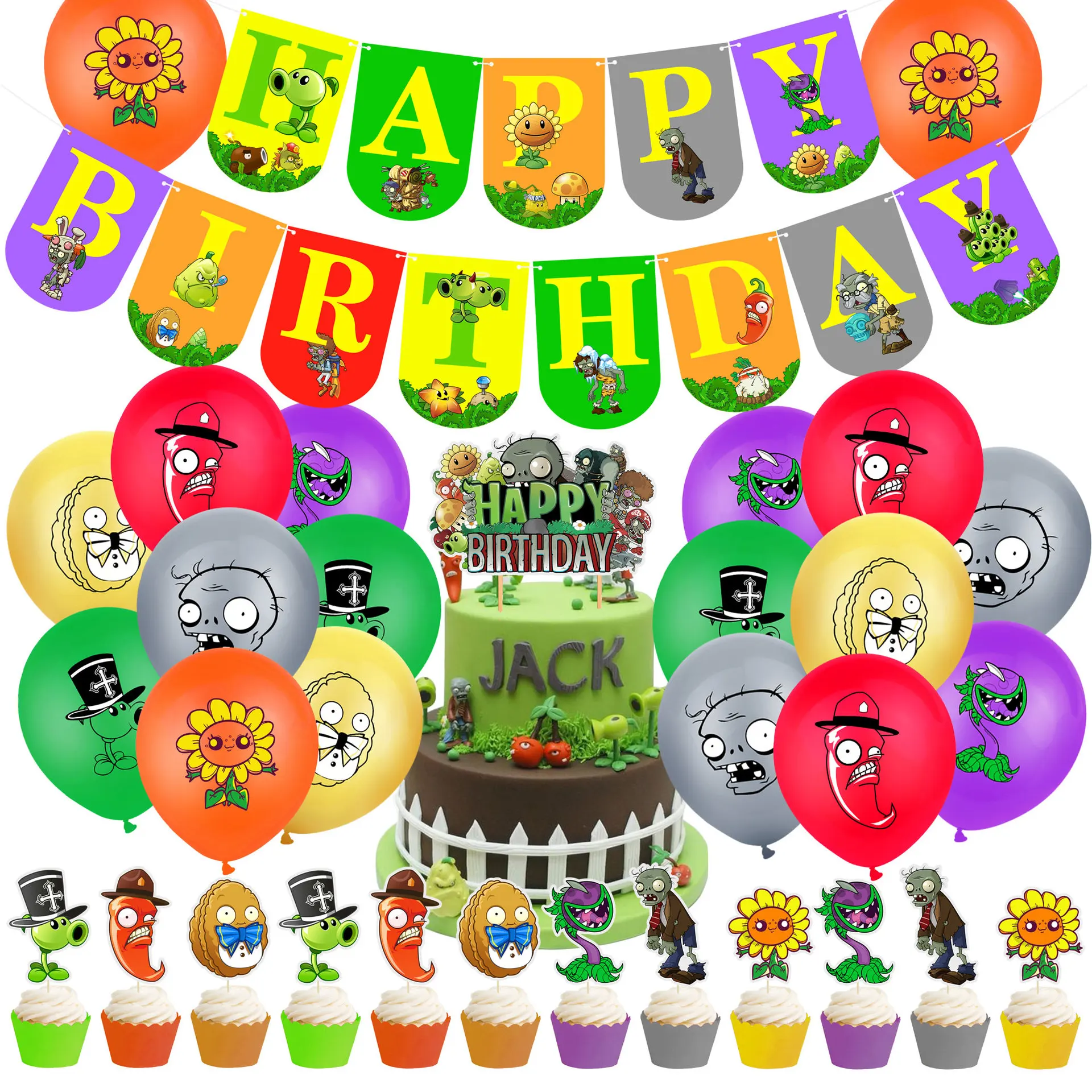 Plants V.S. Zombies Theme Happy Birthday Cake Topper Paper Banner  Party Decoration Set