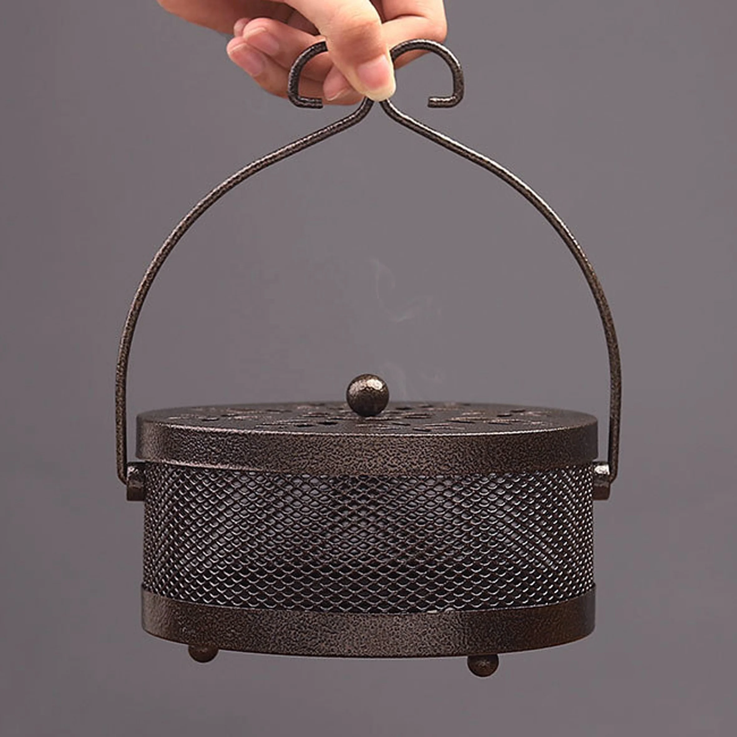 Retro Portable Mosquito Coil Holder Metal Fireproof Incense Burner with Lid and Handle, Bronze