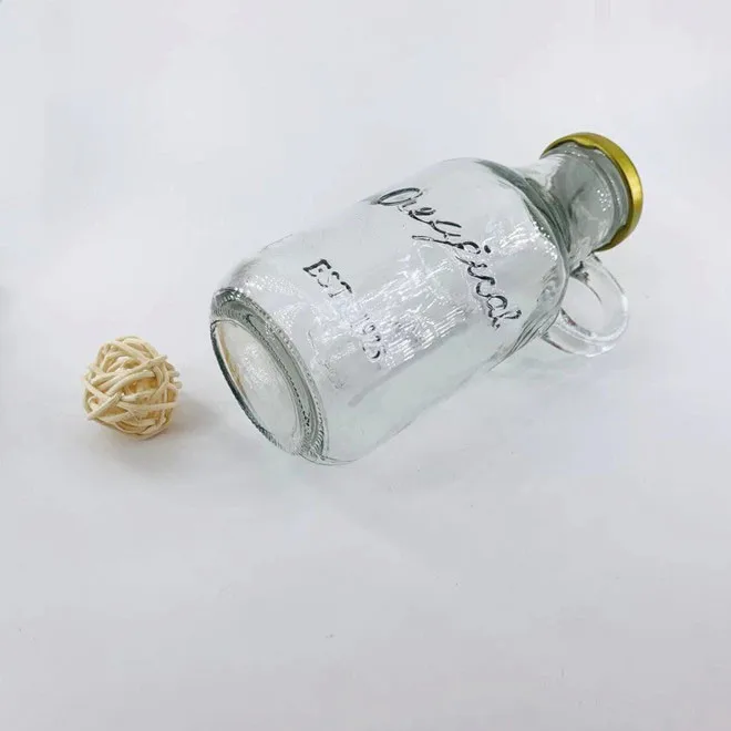 250ml clear vintage embossed glass milk juice bottle with small handle and scale line