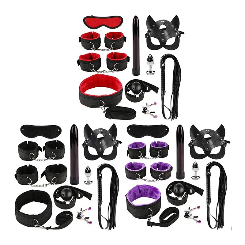Секс-игрушки SM 10 шт./компл. БДСМ ошейник наручники Набор для бондажа на кровать с пулевым вибратором металлическая Анальная пробка бондажное снаряжение