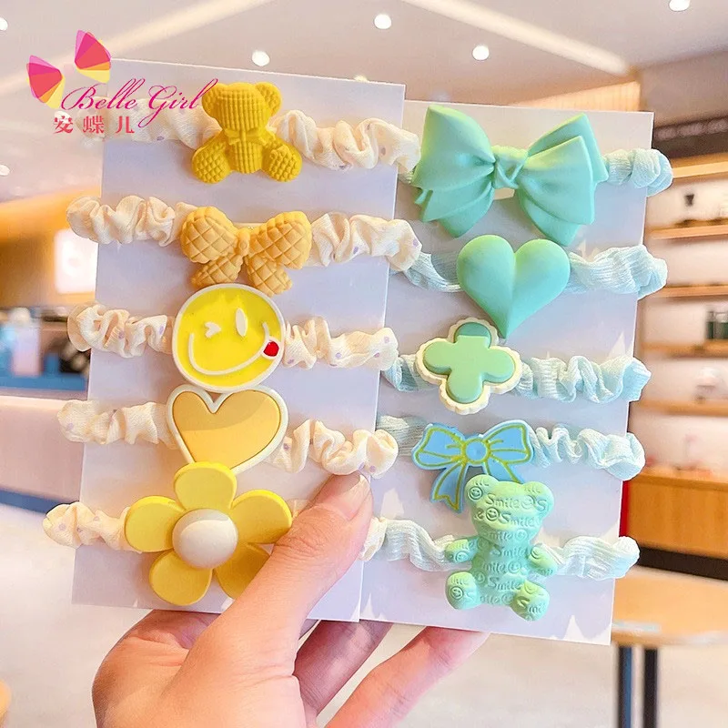 BELLEGIRL Korean style new simple design elastic hair bands 5pcs Cartoon flower heart bow does not seam kids hair bands for gift